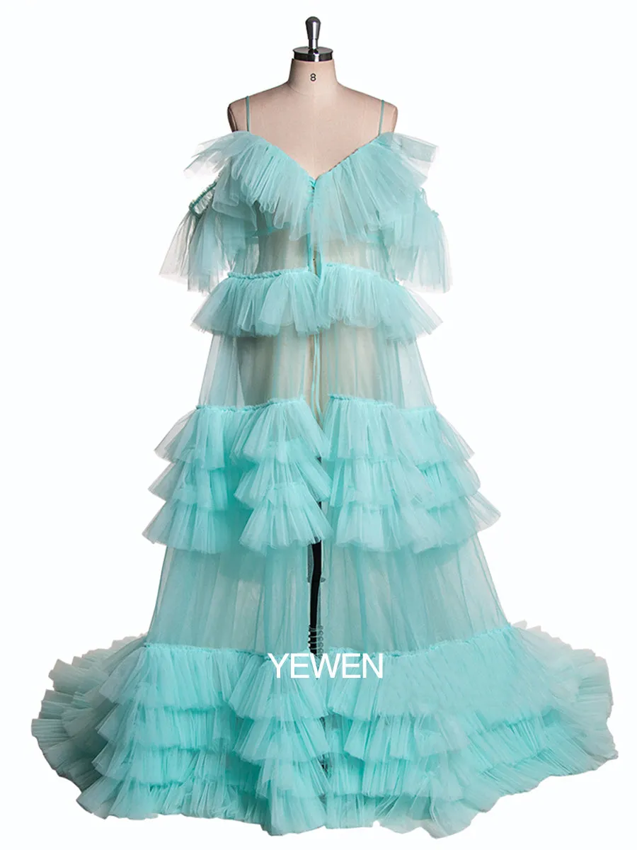 Off Shoulder Ruffled Elegant See Through Maternity Dress For Photo Shoot
