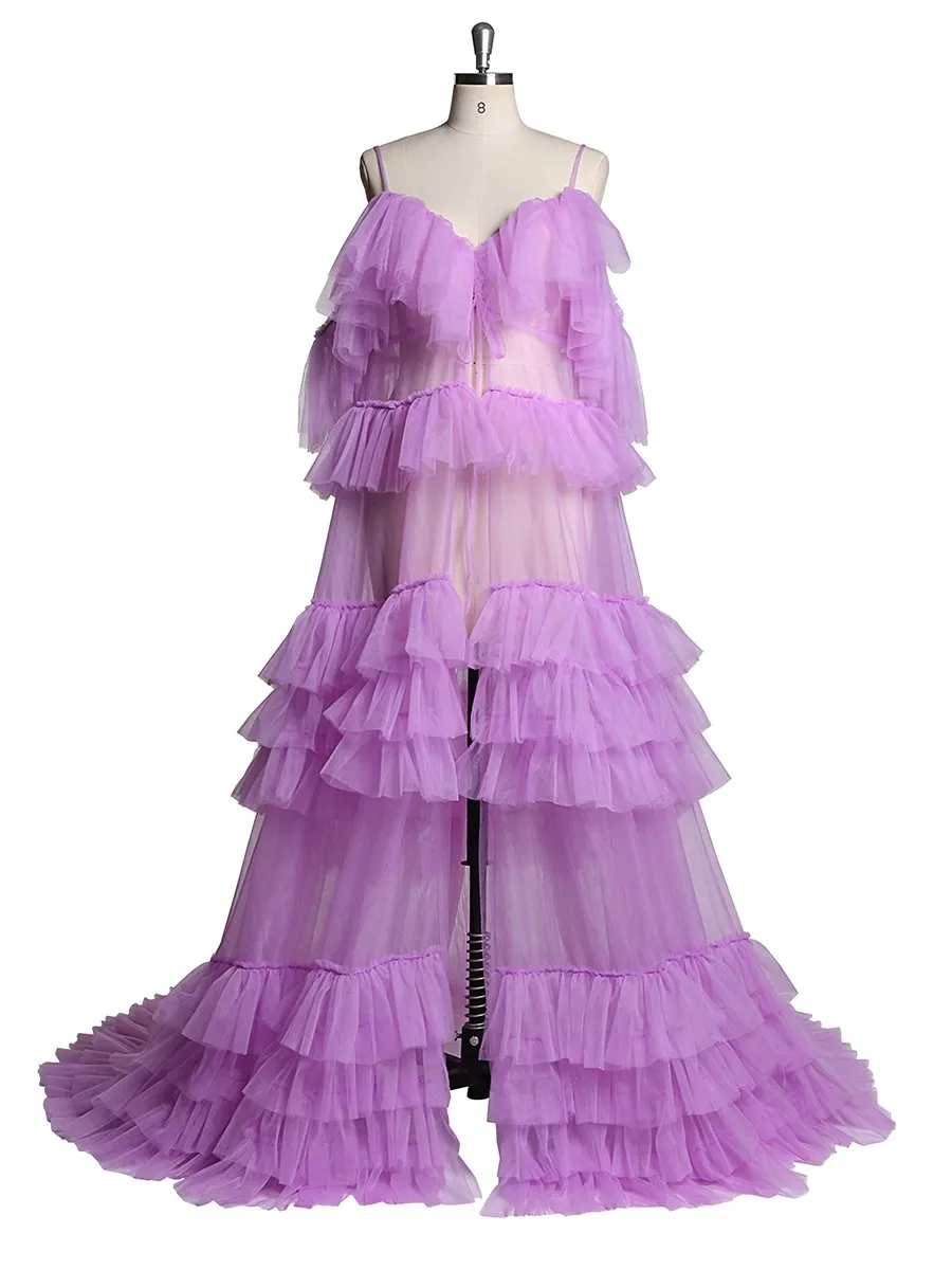 Off Shoulder Ruffled Elegant See Through Maternity Dress For Photo Shoot