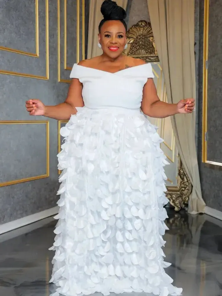 Off Shoulder Waist to Hem Ruffled Evening Dress