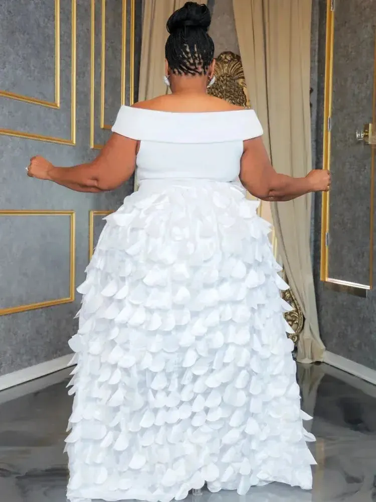 Off Shoulder Waist to Hem Ruffled Evening Dress