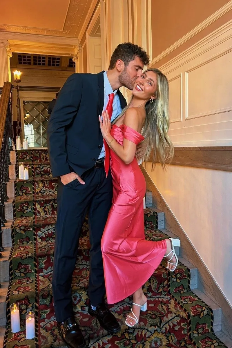 Off the Shoulder Coral Mermaid Satin Long Party Dresses