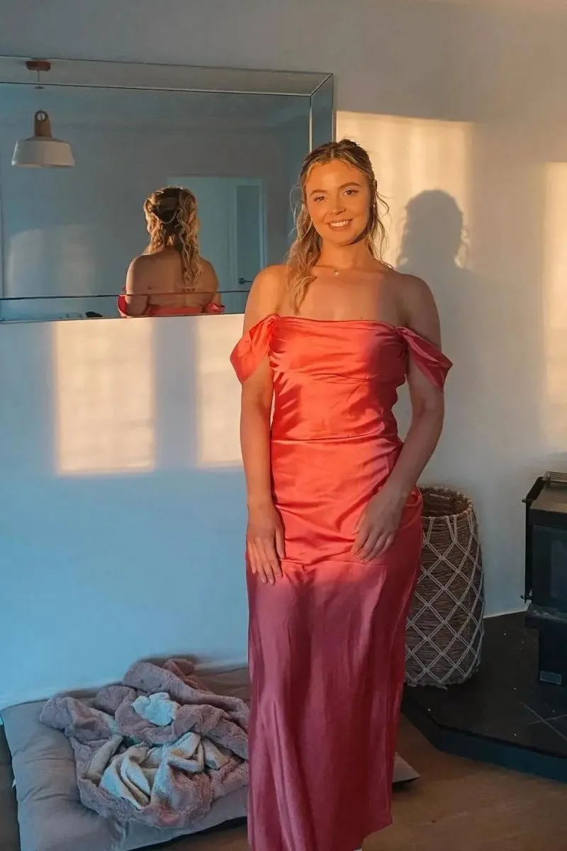 Off the Shoulder Coral Mermaid Satin Long Party Dresses