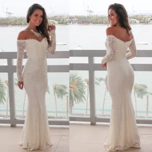 Off the Shoulder Lace Prom Dress, Charming Mermaid Long Sleeve Prom Dress, D341