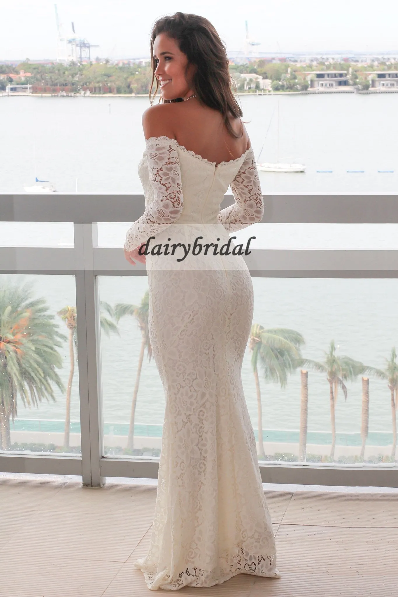 Off the Shoulder Lace Prom Dress, Charming Mermaid Long Sleeve Prom Dress, D341