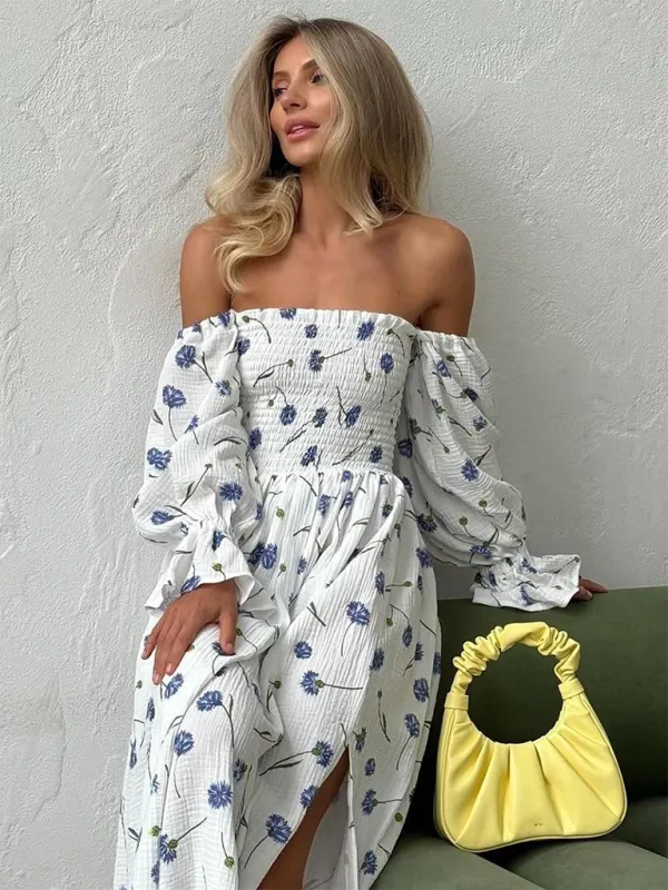 Off-the-Shoulder Maxi Dress with Floral Print and Lantern Sleeves