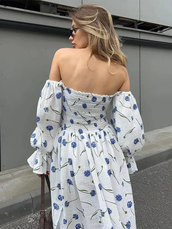 Off-the-Shoulder Maxi Dress with Floral Print and Lantern Sleeves