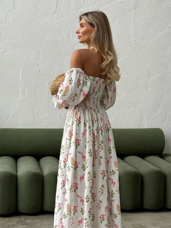 Off-the-Shoulder Maxi Dress with Floral Print and Lantern Sleeves