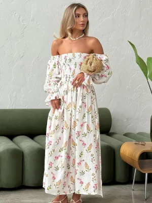 Off-the-Shoulder Maxi Dress with Floral Print and Lantern Sleeves
