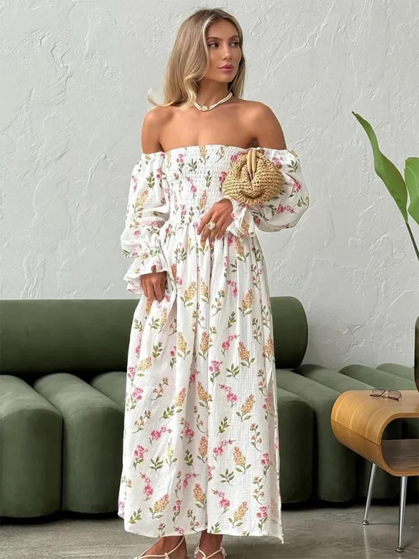 Off-the-Shoulder Maxi Dress with Floral Print and Lantern Sleeves