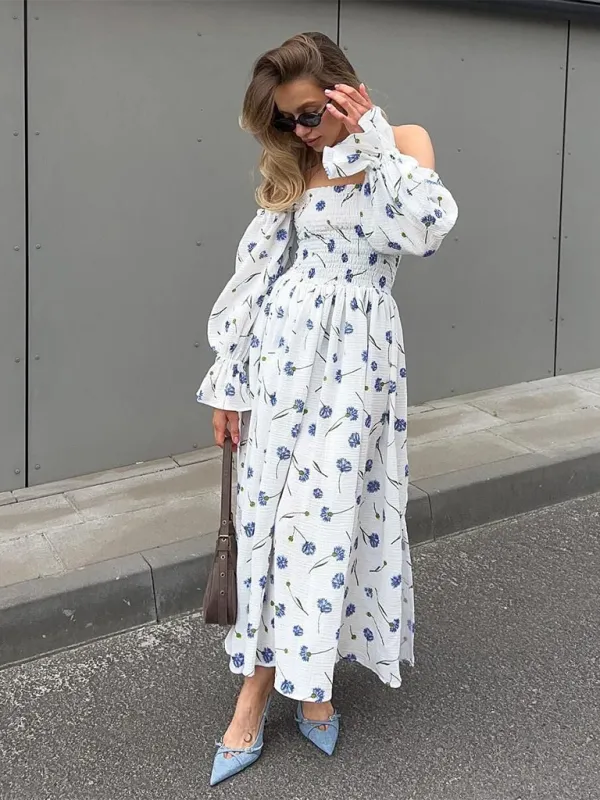 Off-the-Shoulder Maxi Dress with Floral Print and Lantern Sleeves