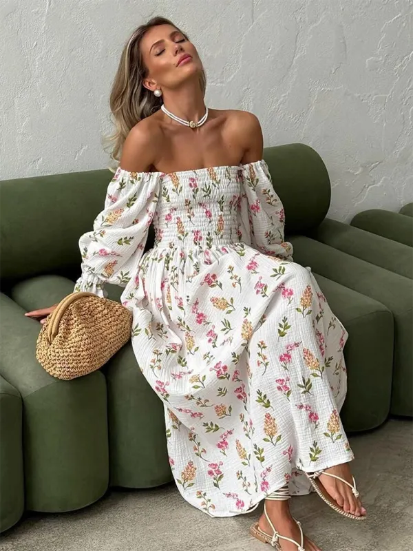 Off-the-Shoulder Maxi Dress with Floral Print and Lantern Sleeves