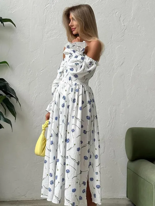 Off-the-Shoulder Maxi Dress with Floral Print and Lantern Sleeves
