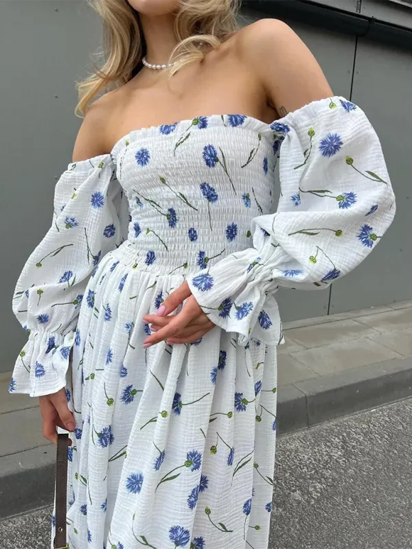 Off-the-Shoulder Maxi Dress with Floral Print and Lantern Sleeves