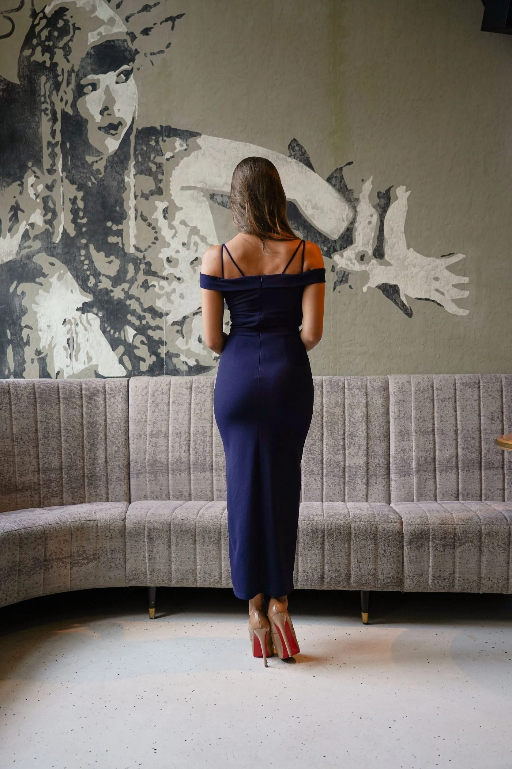 Off the Shoulder Navy Crepe Dress
