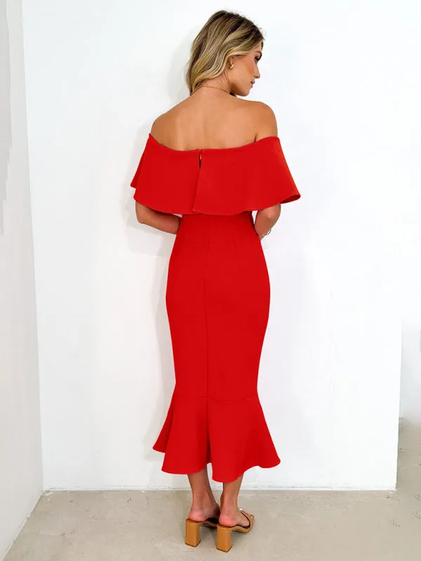 One-Shoulder Fishtail Dress with Ruffled Off-Shoulder