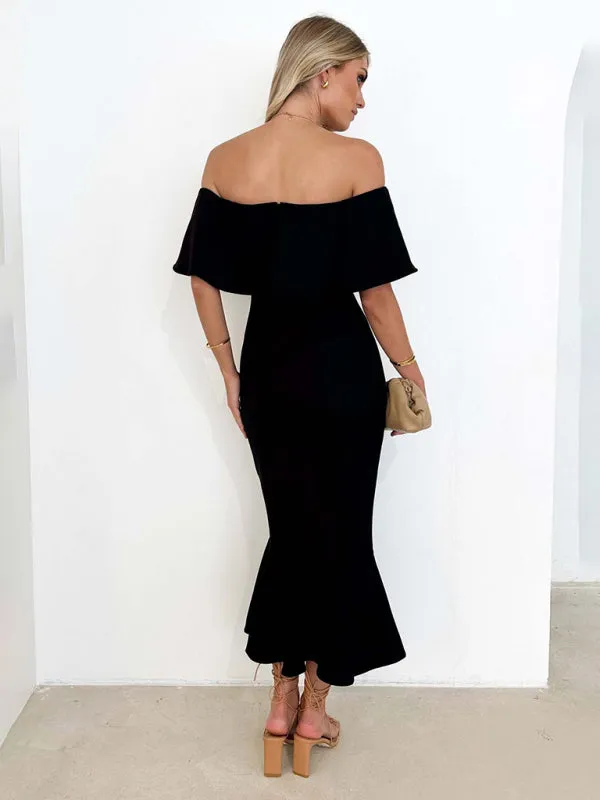 One-Shoulder Fishtail Dress with Ruffled Off-Shoulder