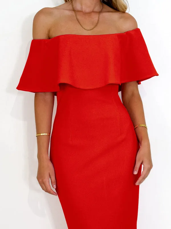 One-Shoulder Fishtail Dress with Ruffled Off-Shoulder