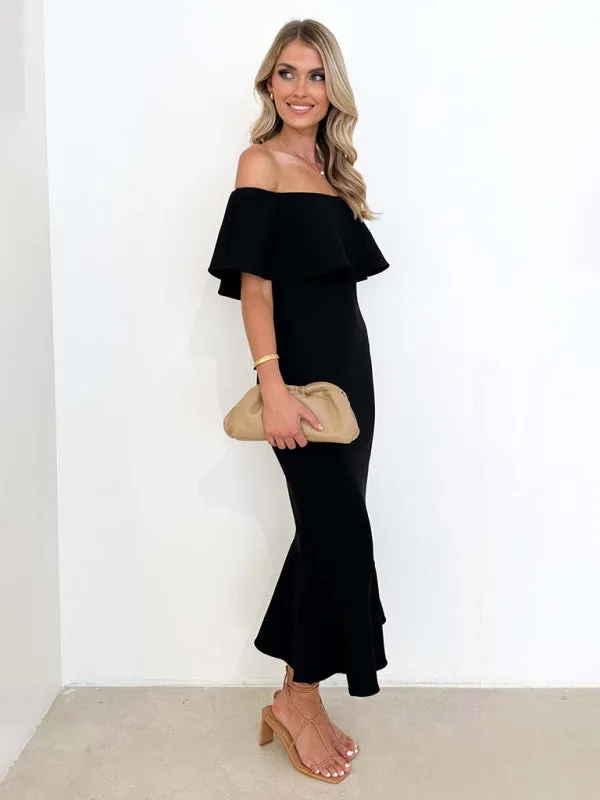 One-Shoulder Fishtail Dress with Ruffled Off-Shoulder