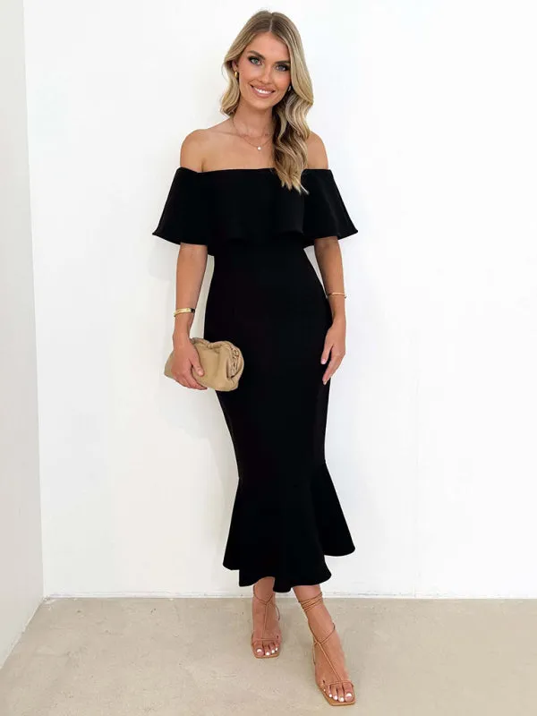 One-Shoulder Fishtail Dress with Ruffled Off-Shoulder