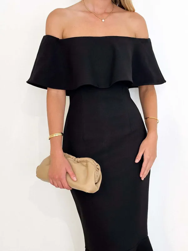 One-Shoulder Fishtail Dress with Ruffled Off-Shoulder