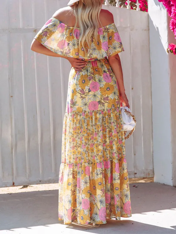 One-Shoulder Maxi Dress with Floral Print and Ruffled Neckline