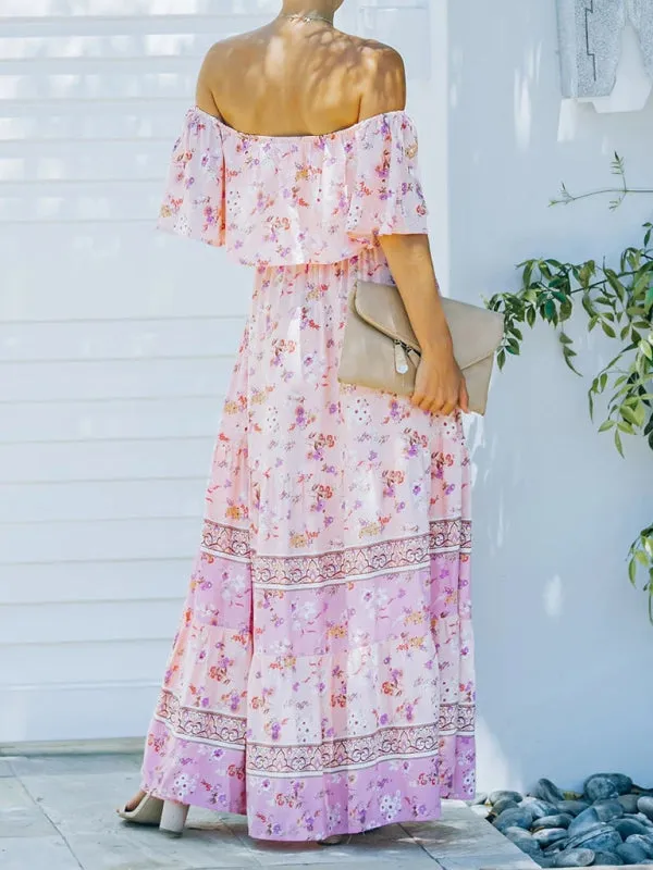 One-Shoulder Maxi Dress with Floral Print and Ruffled Neckline