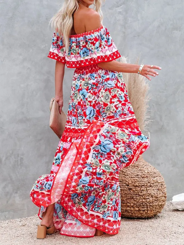 One-Shoulder Maxi Dress with Floral Print and Ruffled Neckline