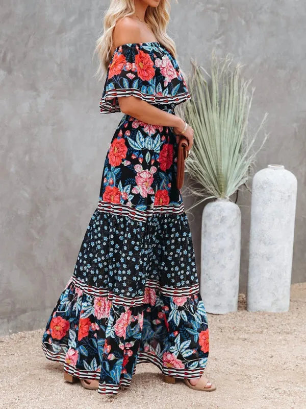 One-Shoulder Maxi Dress with Floral Print and Ruffled Neckline