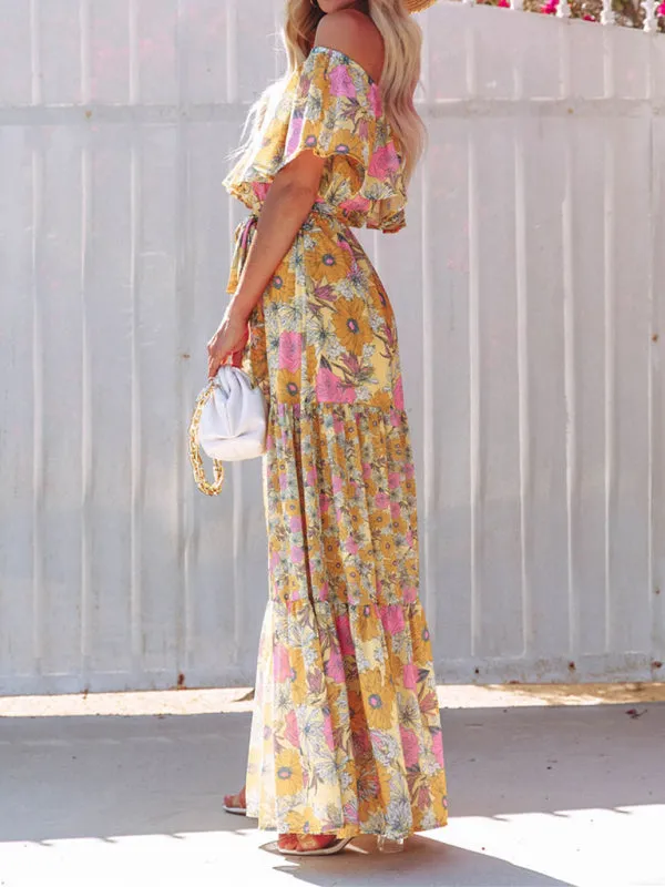 One-Shoulder Maxi Dress with Floral Print and Ruffled Neckline