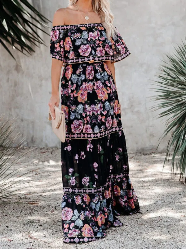 One-Shoulder Maxi Dress with Floral Print and Ruffled Neckline