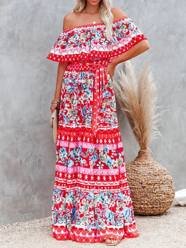 One-Shoulder Maxi Dress with Floral Print and Ruffled Neckline