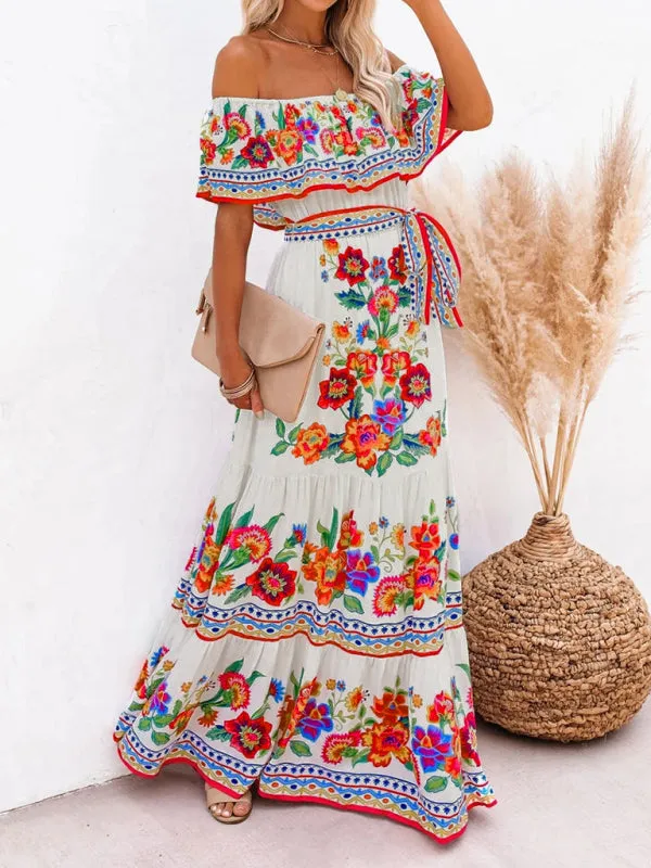 One-Shoulder Maxi Dress with Floral Print and Ruffled Neckline
