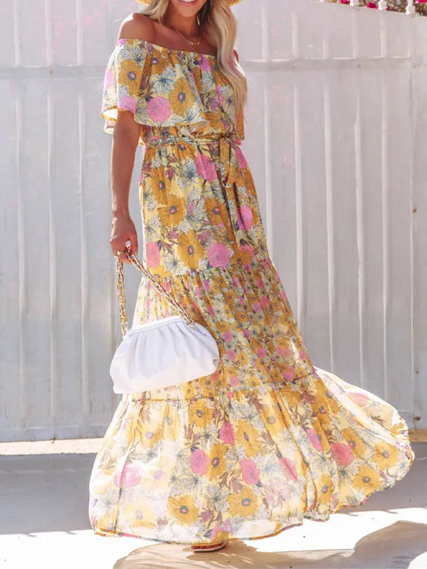 One-Shoulder Maxi Dress with Floral Print and Ruffled Neckline
