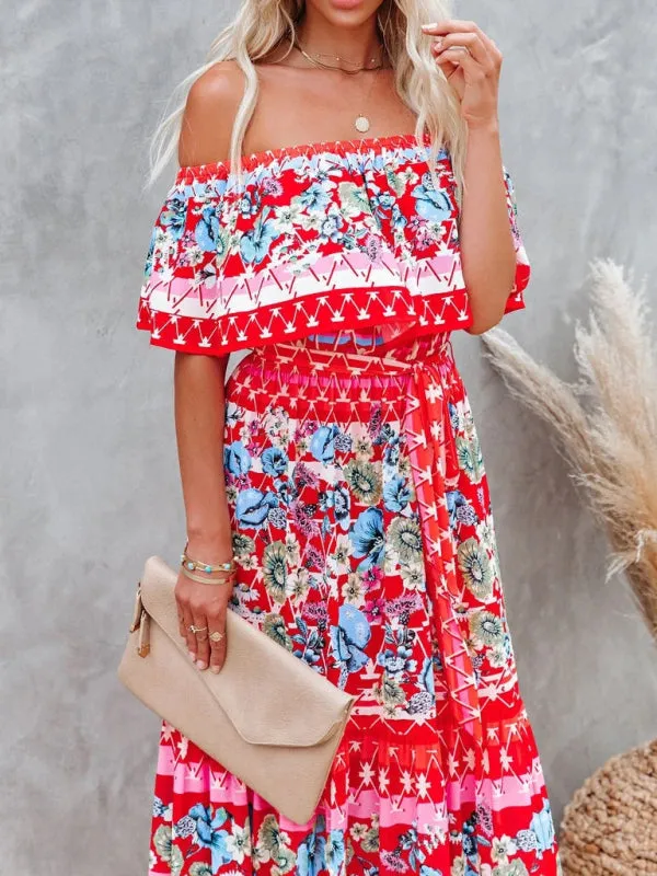 One-Shoulder Maxi Dress with Floral Print and Ruffled Neckline