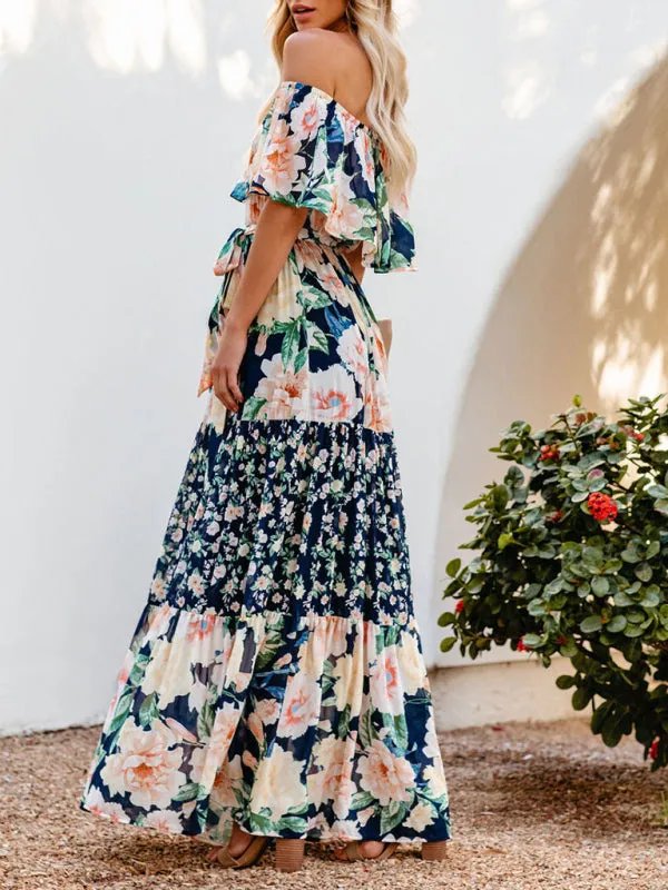 One-Shoulder Maxi Dress with Floral Print and Ruffled Neckline