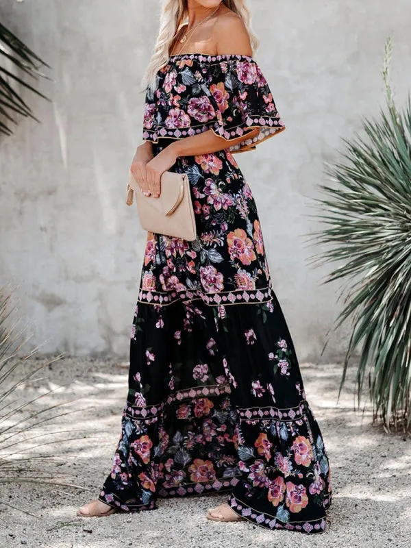 One-Shoulder Maxi Dress with Floral Print and Ruffled Neckline