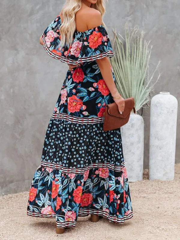 One-Shoulder Maxi Dress with Floral Print and Ruffled Neckline
