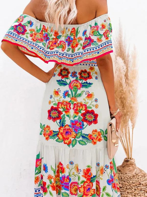One-Shoulder Maxi Dress with Floral Print and Ruffled Neckline