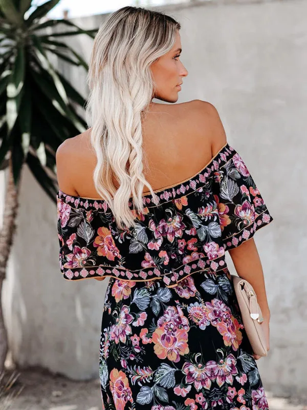 One-Shoulder Maxi Dress with Floral Print and Ruffled Neckline