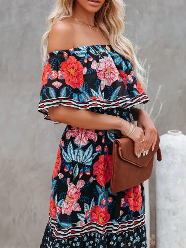 One-Shoulder Maxi Dress with Floral Print and Ruffled Neckline
