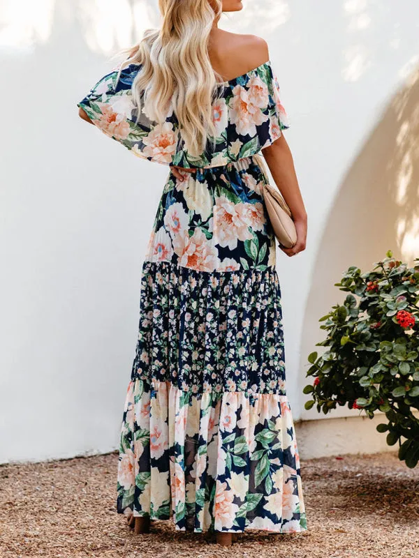 One-Shoulder Maxi Dress with Floral Print and Ruffled Neckline