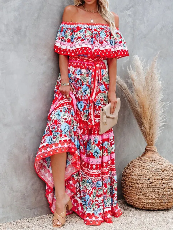 One-Shoulder Maxi Dress with Floral Print and Ruffled Neckline