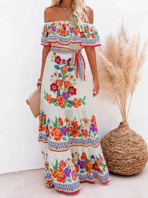 One-Shoulder Maxi Dress with Floral Print and Ruffled Neckline