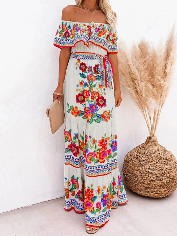 One-Shoulder Maxi Dress with Floral Print and Ruffled Neckline