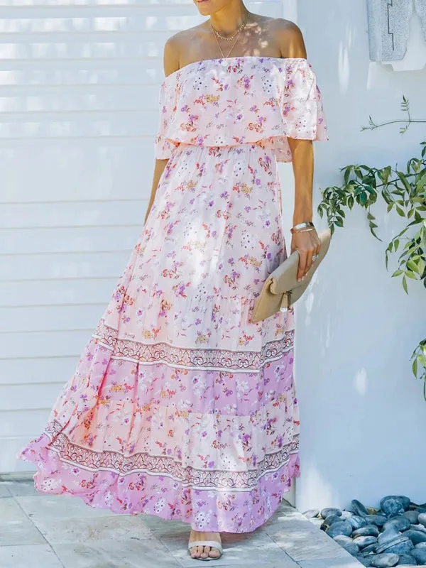 One-Shoulder Maxi Dress with Floral Print and Ruffled Neckline