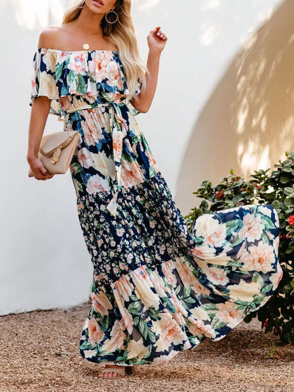 One-Shoulder Maxi Dress with Floral Print and Ruffled Neckline