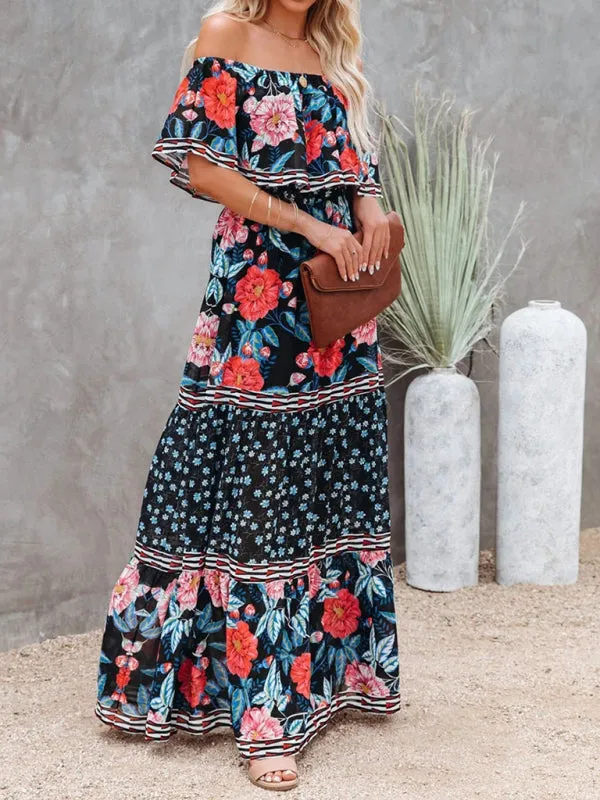 One-Shoulder Maxi Dress with Floral Print and Ruffled Neckline