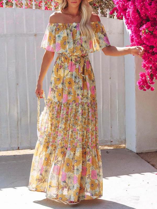 One-Shoulder Maxi Dress with Floral Print and Ruffled Neckline