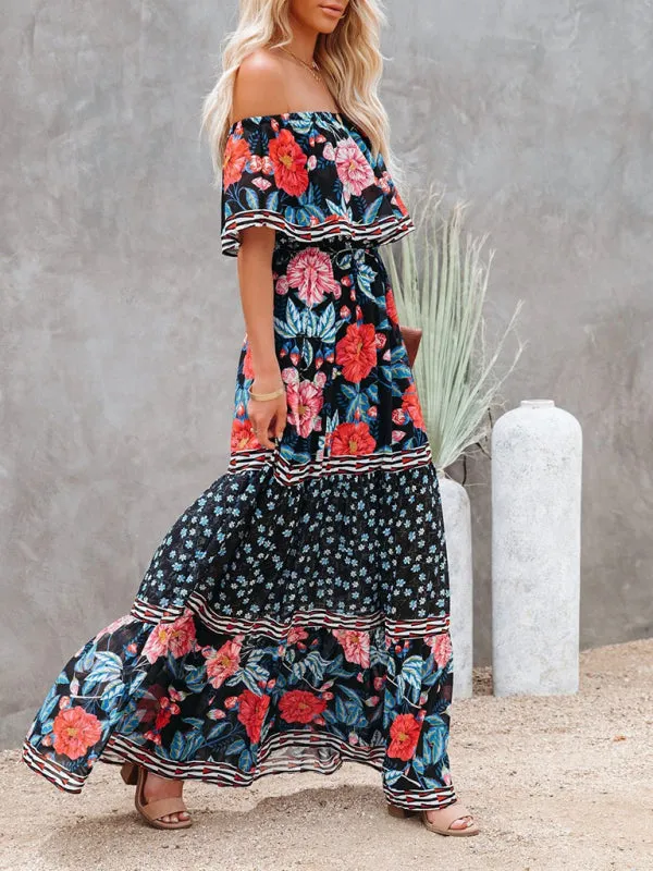 One-Shoulder Maxi Dress with Floral Print and Ruffled Neckline