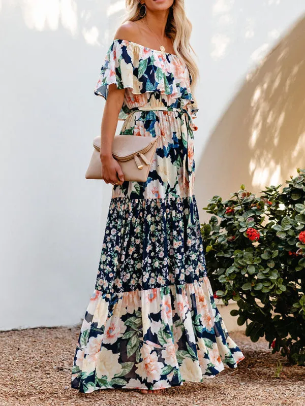 One-Shoulder Maxi Dress with Floral Print and Ruffled Neckline